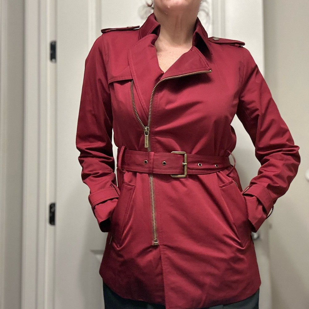 MICHAEL Michael Kors Red Trench Coat with Belt and Epaulettes
